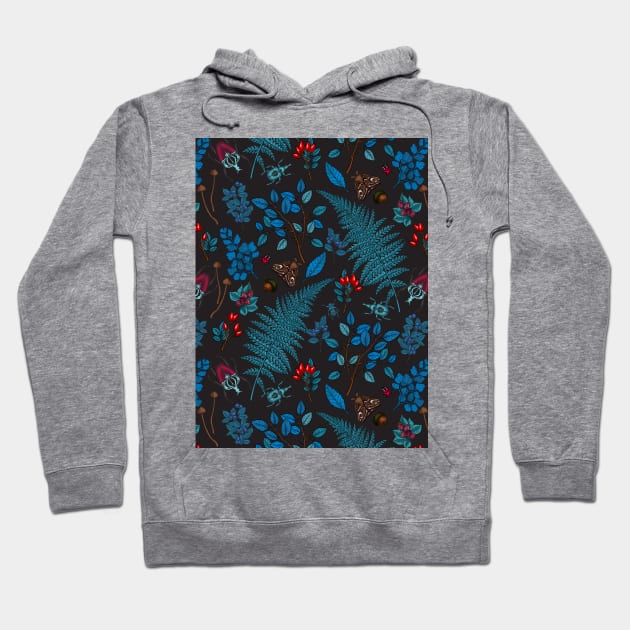 Forest berries, leaves and bugs in blue, red and graphite black Hoodie by katerinamk